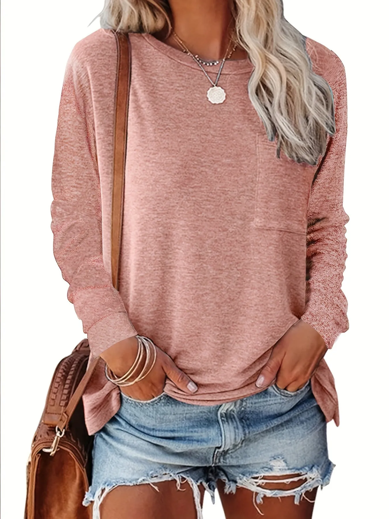 Long Sleeve Chic Rayon T Shirt for Women - Soft, Comfortable, and Trendy Crew Neck Top with Chest Pocket and Dipped Hem - Perfect for Fall and Winter Season