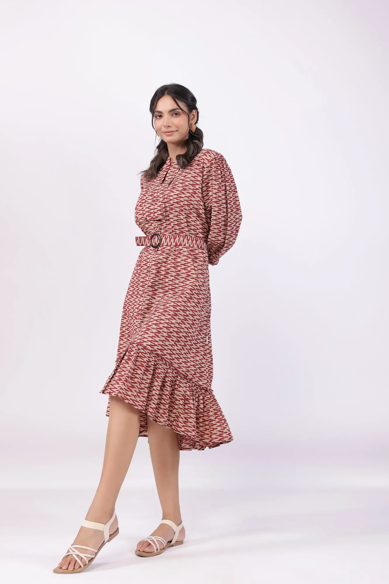 Maroon Chevron Charm Cotton Midi Dress