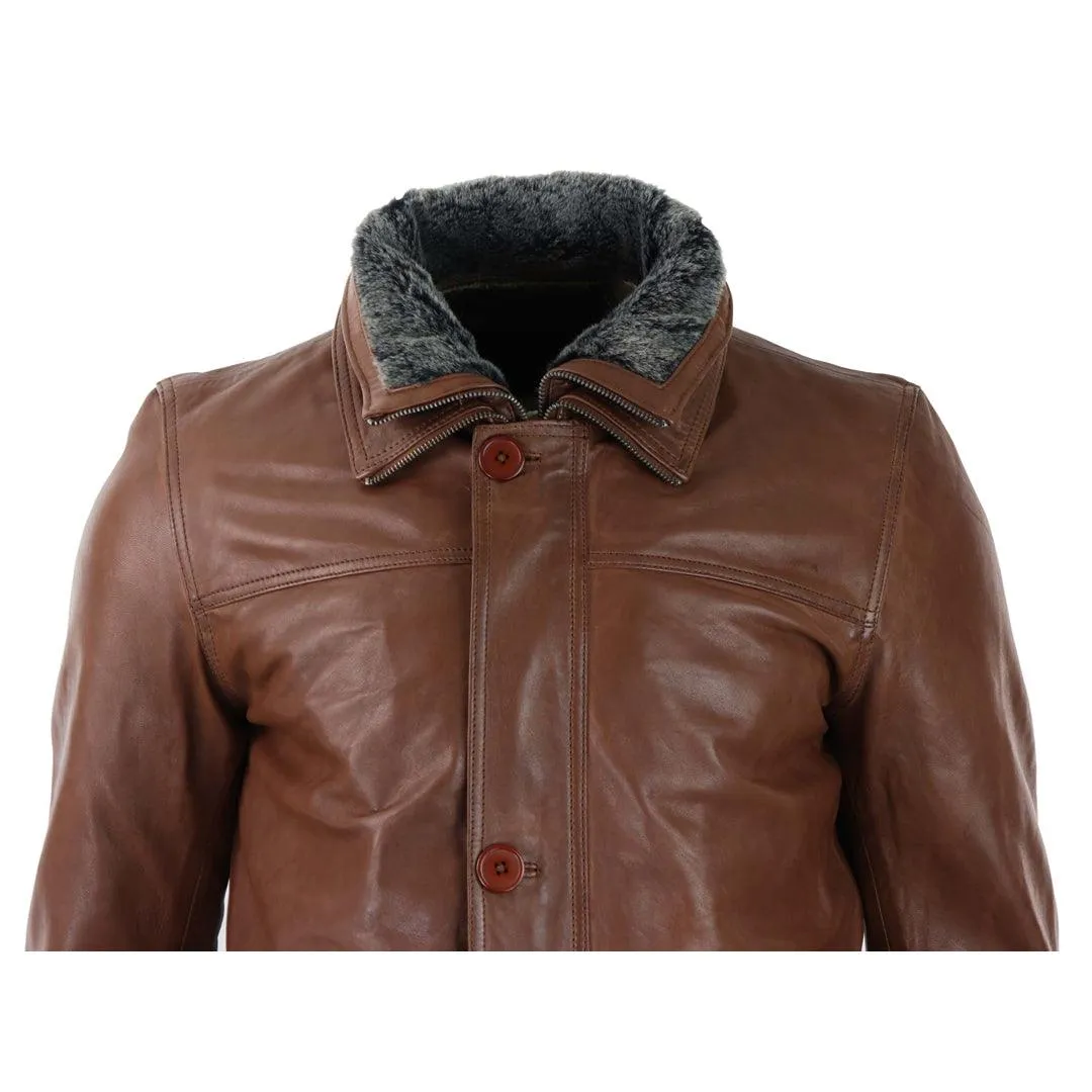 Mens 3/4 Long Real Leather Safari Jacket Classic Car Coat Zip Button Cover