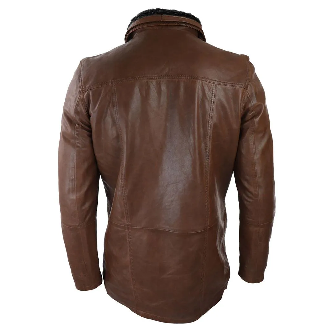 Mens 3/4 Long Real Leather Safari Jacket Classic Car Coat Zip Button Cover