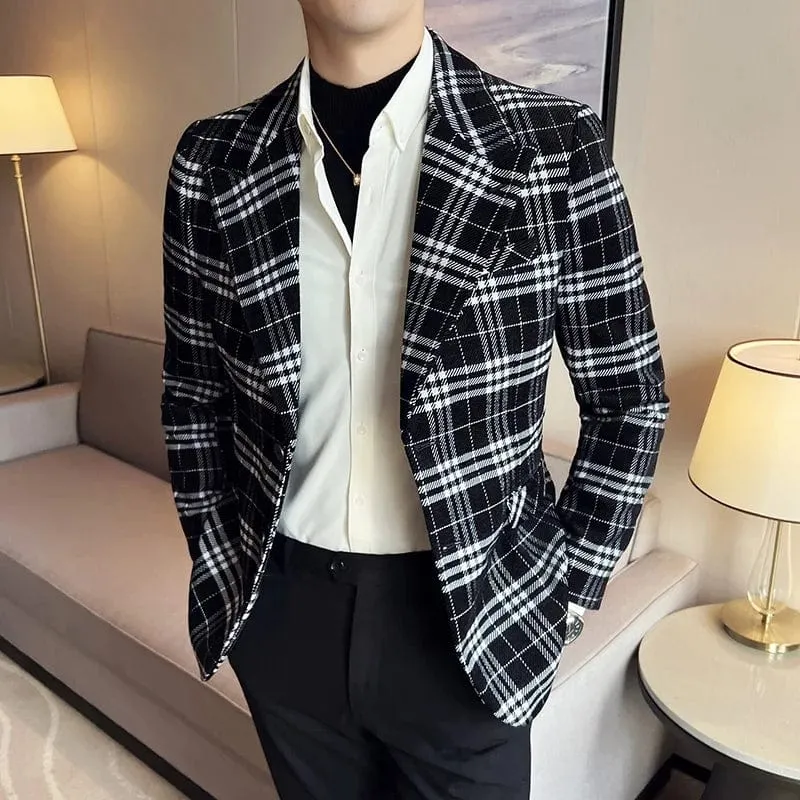 Men’s British Style Plaid Blazer – High-Quality Slim Fit Business Suit Coat, Formal Jacket