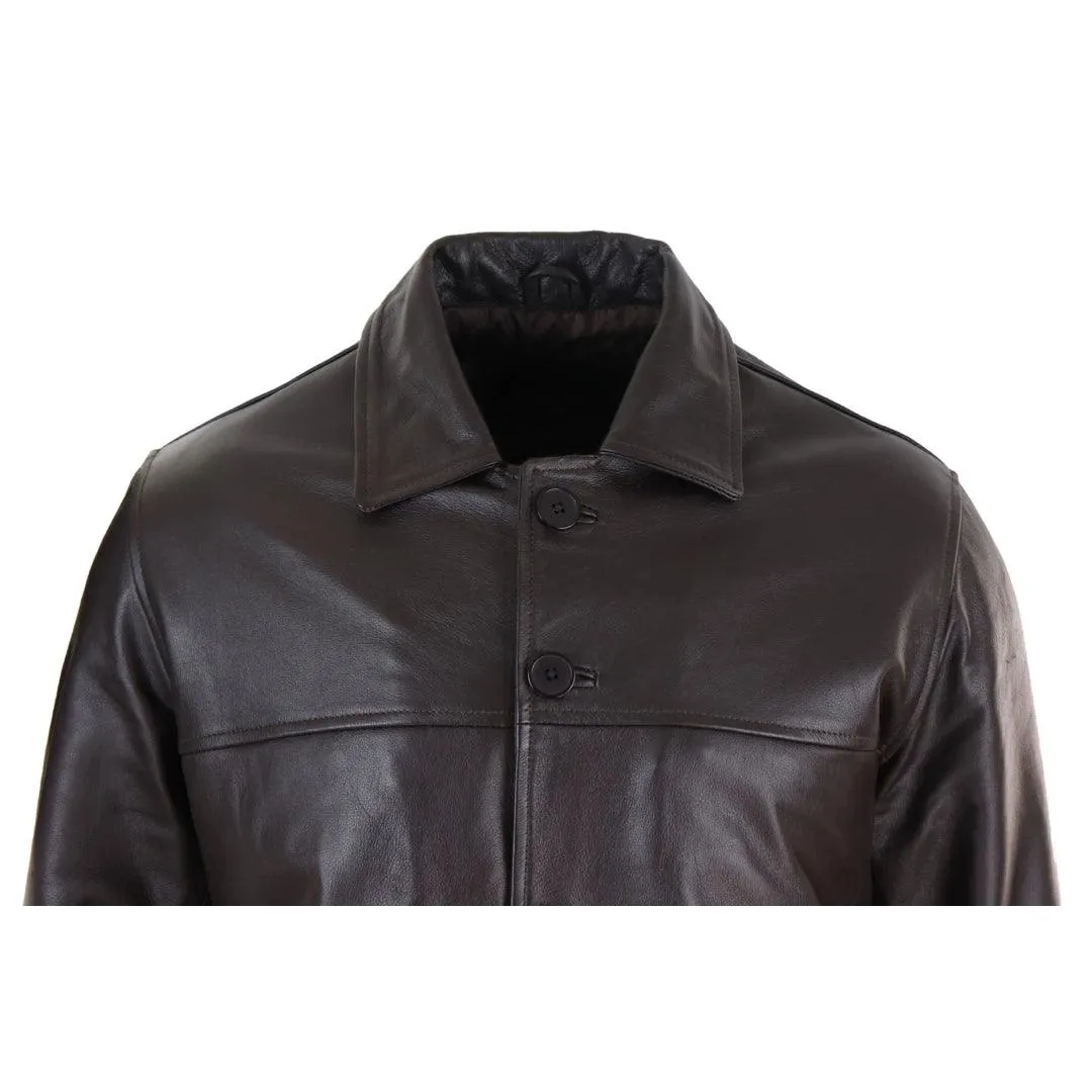 Mens Casual Real Leather Jacket Button Box Black Brown Mid Length Classic Coat