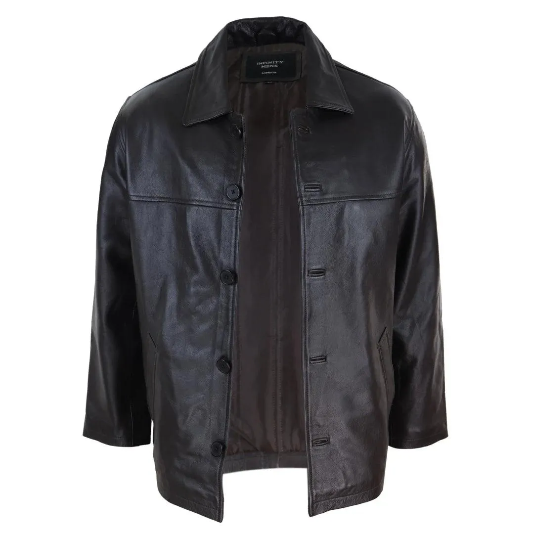 Mens Casual Real Leather Jacket Button Box Black Brown Mid Length Classic Coat