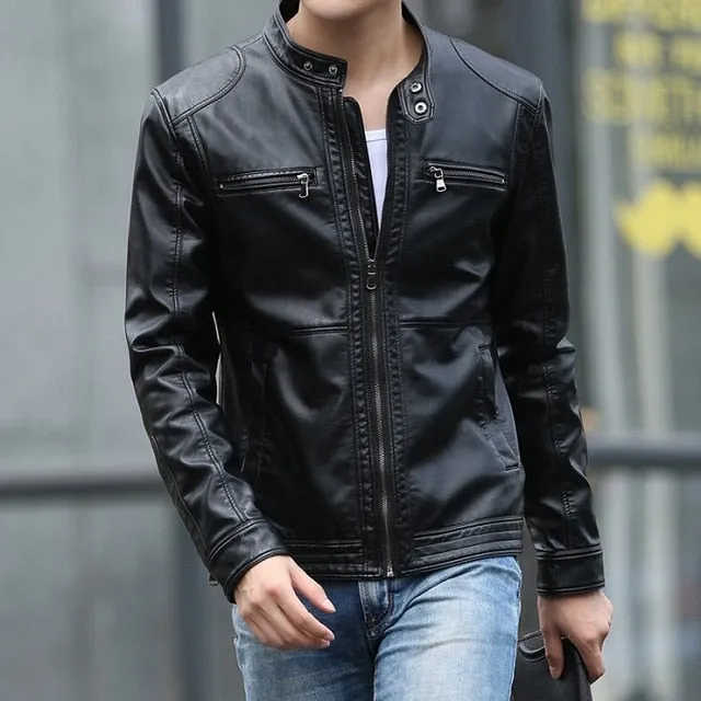 Men's Leather Jackets Stand Collar Coats