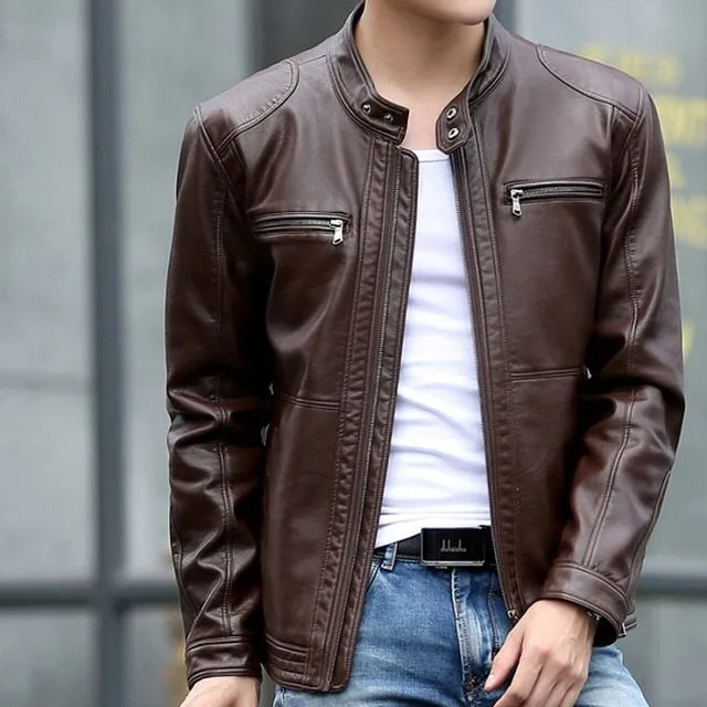 Men's Leather Jackets Stand Collar Coats