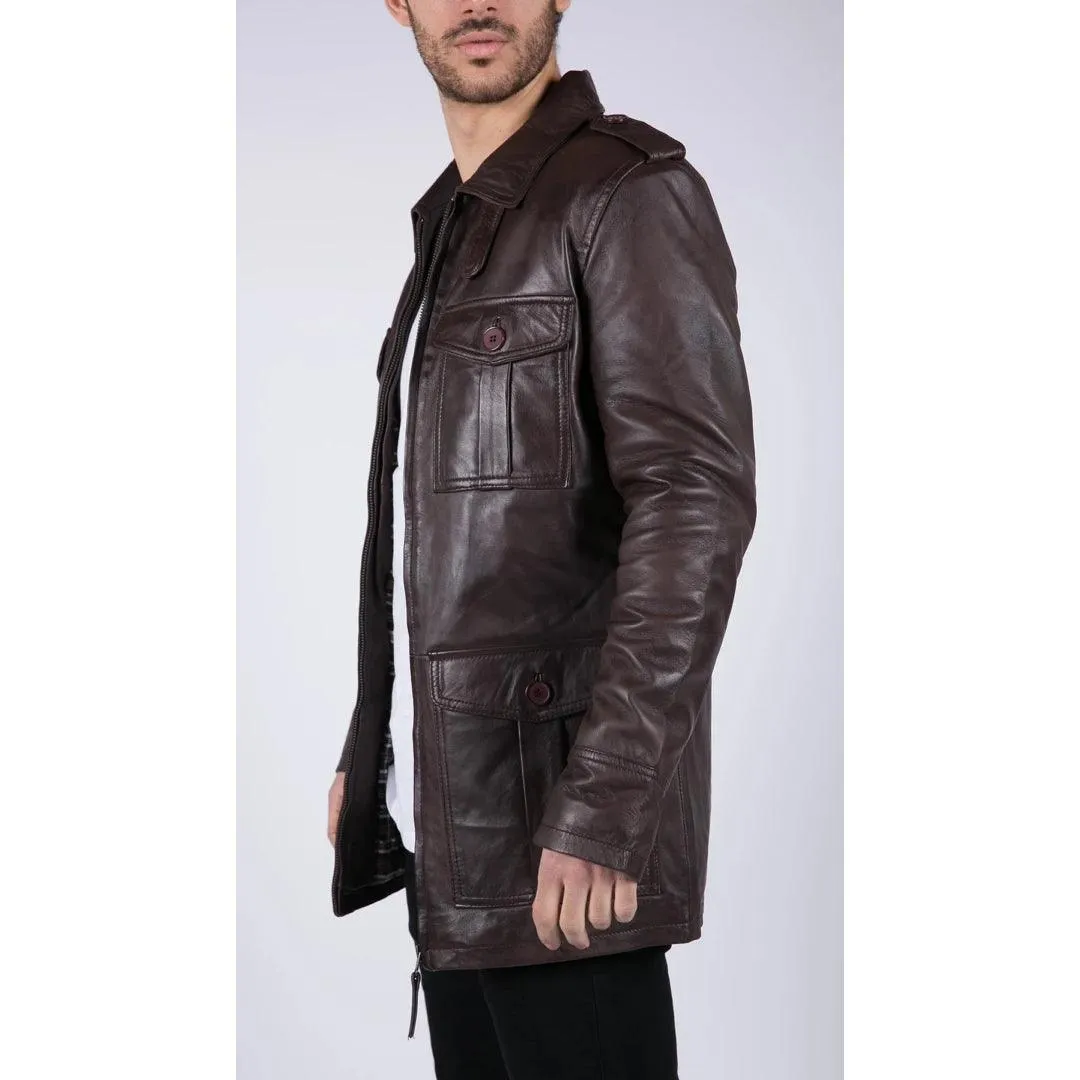 Mens Real Leather Safari Parka Coat Black Brown Tailored Fit Casual Jacket