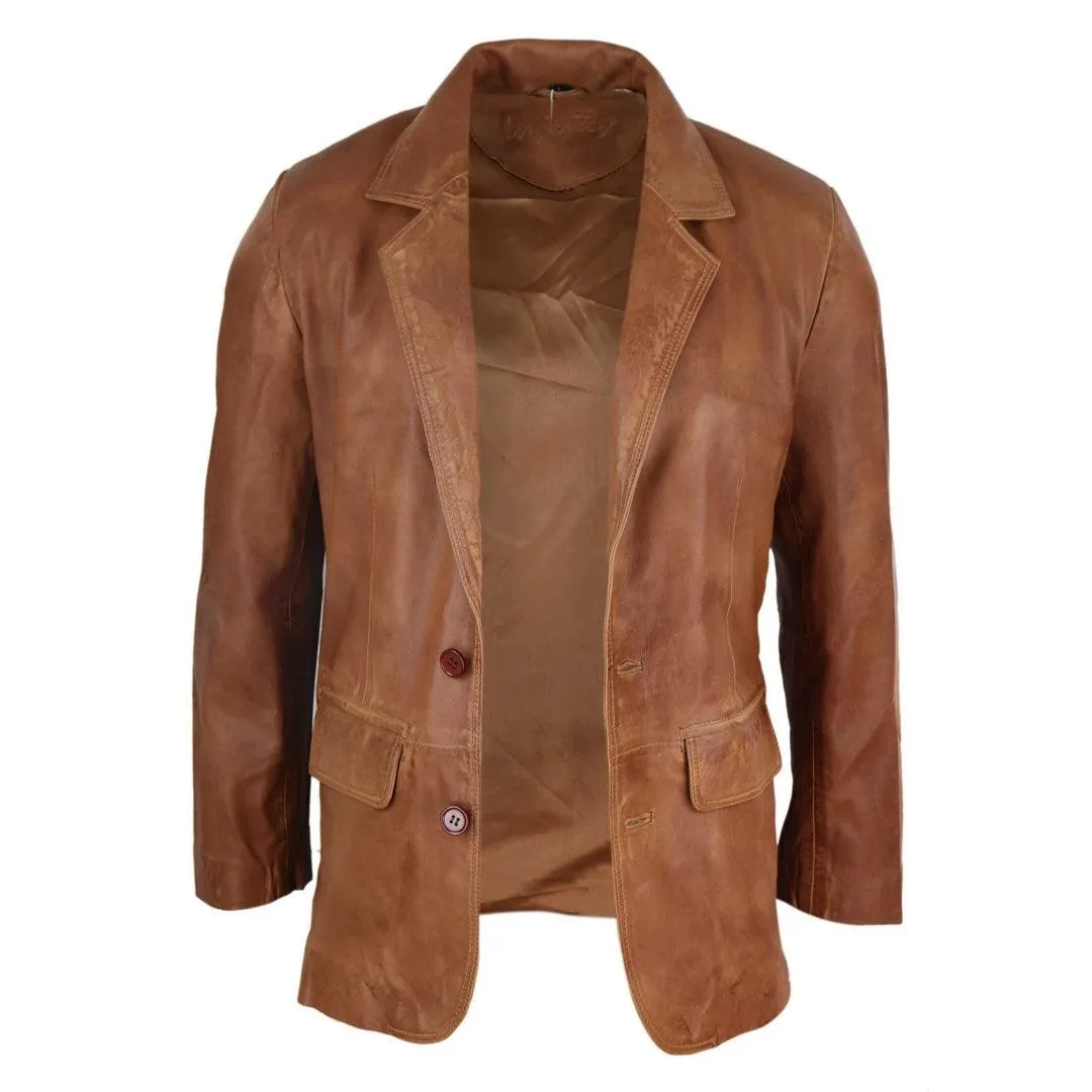 Mens Regular Fit Classic Real Leather 2 Button Tan Brown Blazer Jacket Vintage