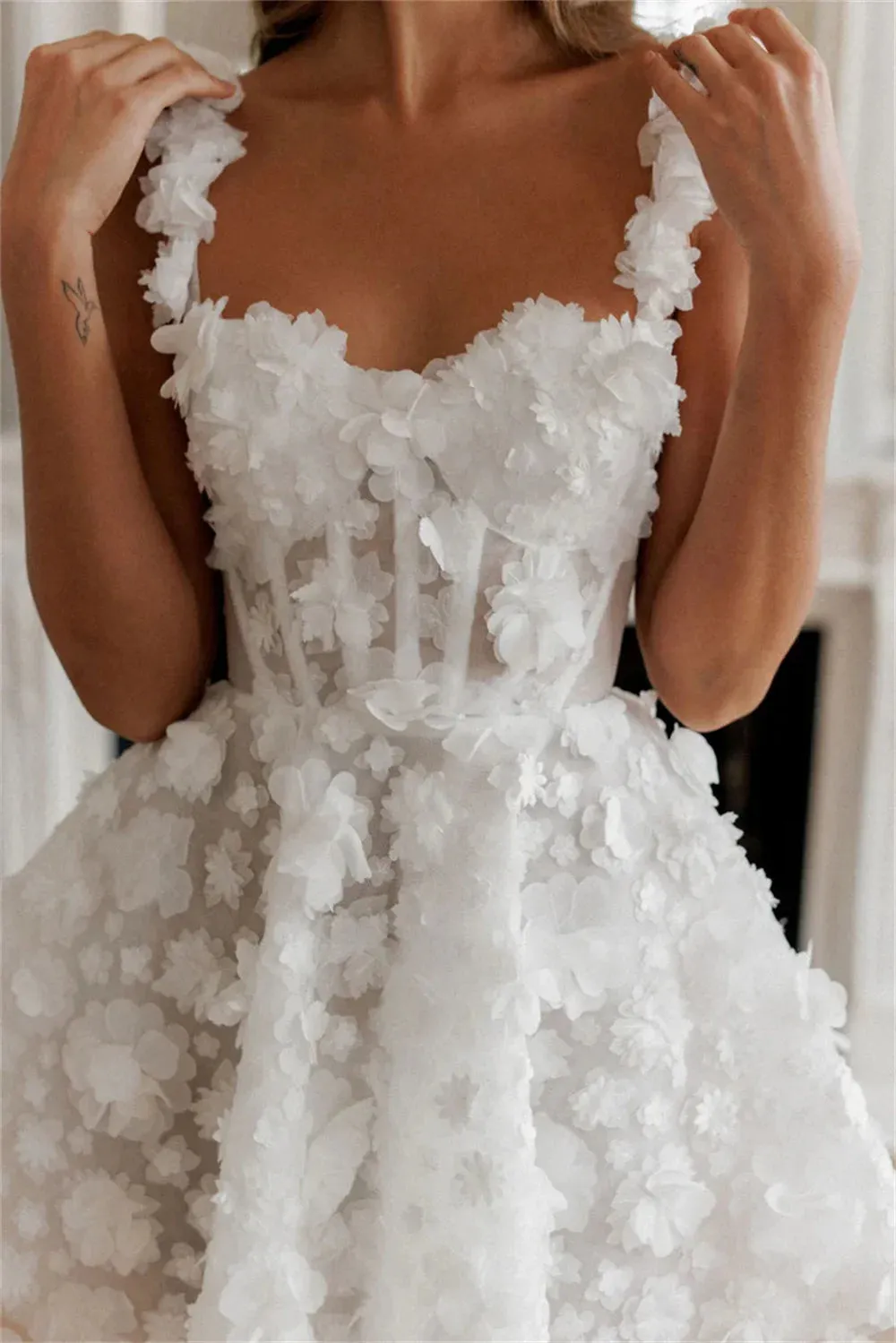 Modern Two-Strap Mini Wedding Dress with Full Lace and Floral Details