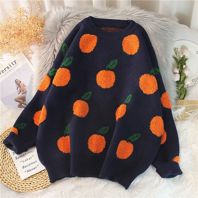 Orange Fruit Turtleneck Knit Sweater