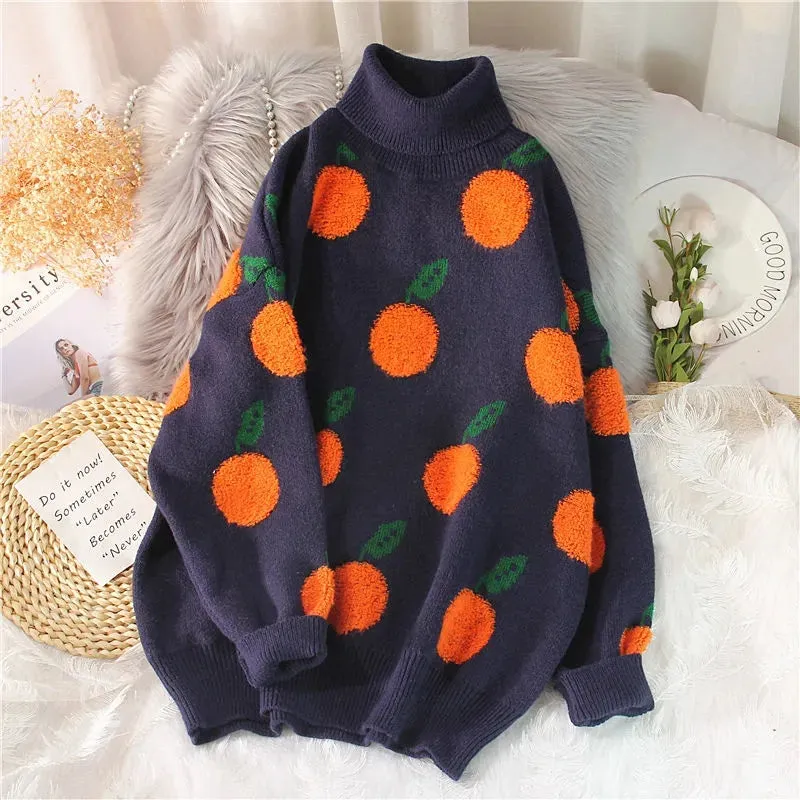 Orange Fruit Turtleneck Knit Sweater