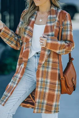 Orange Vintage Plaid Lapel Collar Long Blazer