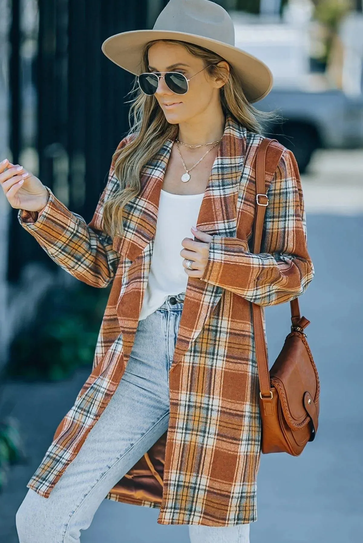 Orange Vintage Plaid Lapel Collar Long Blazer