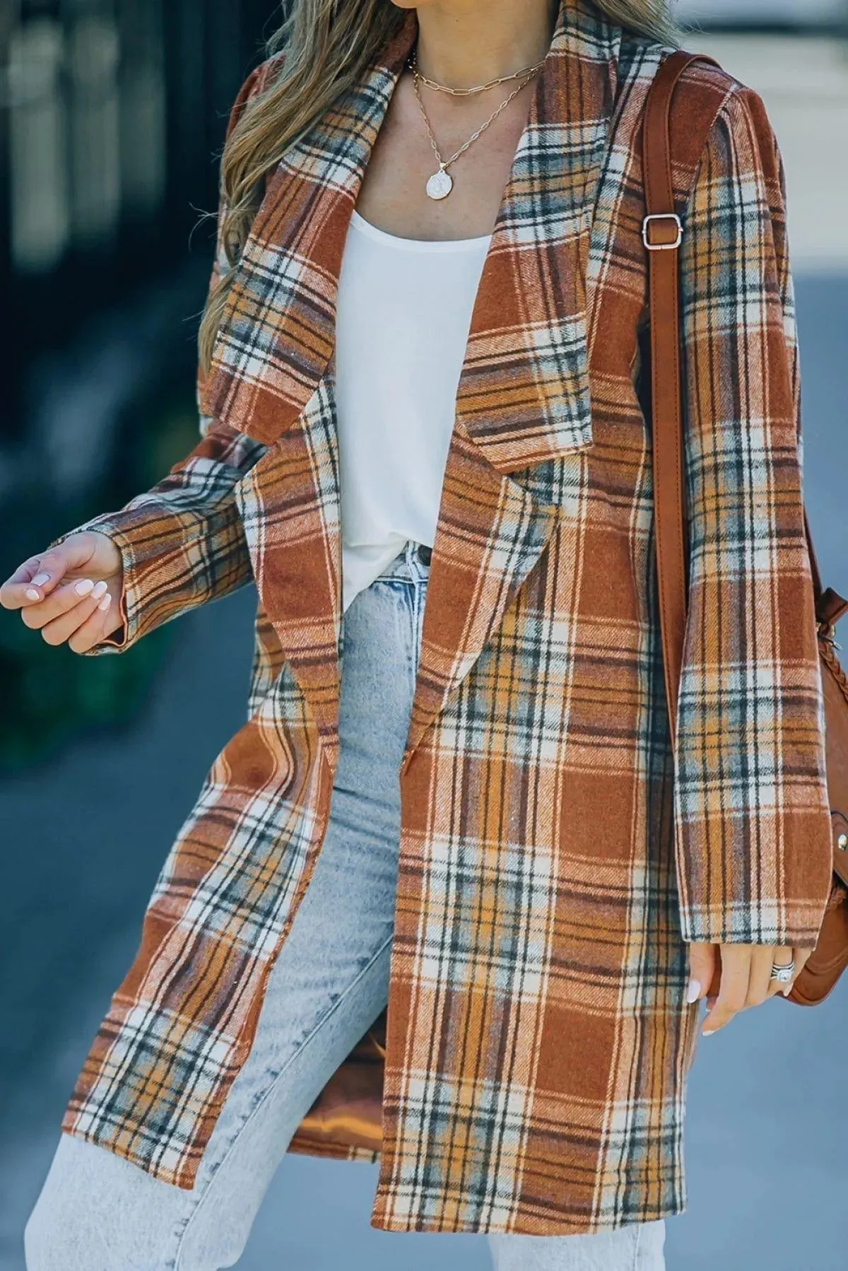 Orange Vintage Plaid Lapel Collar Long Blazer