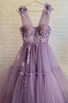 Purple Lace Long Prom Dress,  A-Line Purple Evening Graduation Dress