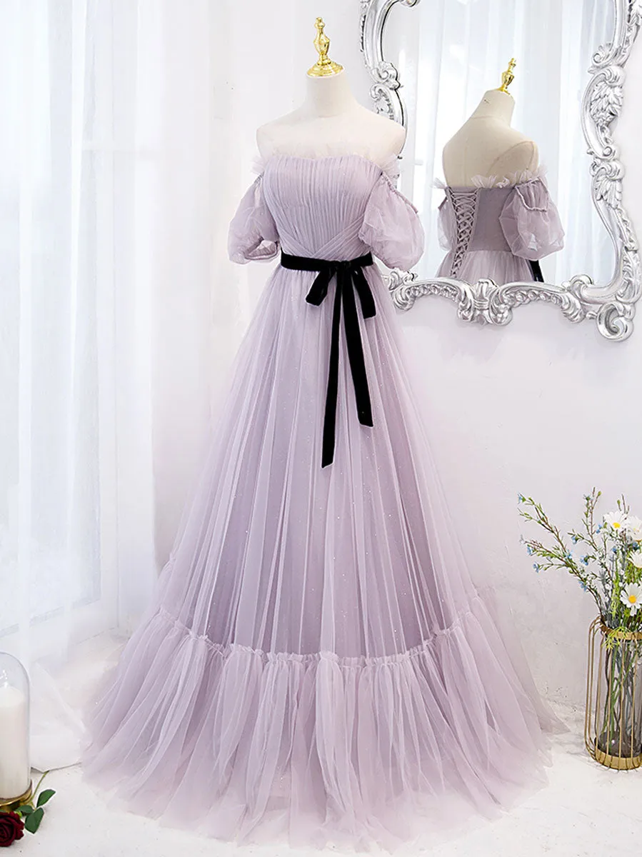 Purple tulle A line long prom dress, purple bridesmaid dress