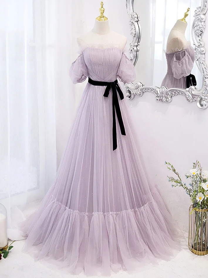 Purple tulle A line long prom dress, purple bridesmaid dress