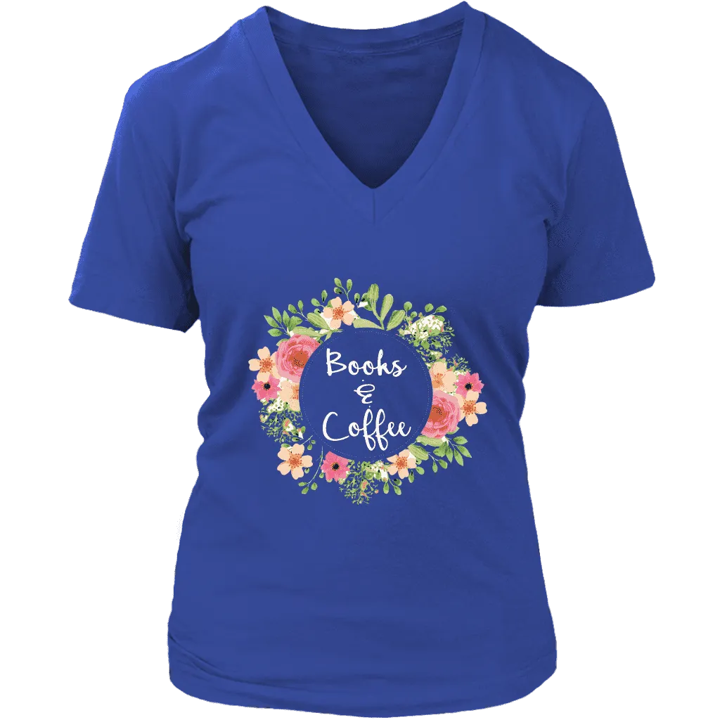 "Books & Coffee" V-neck Tshirt