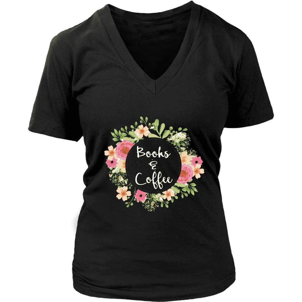 "Books & Coffee" V-neck Tshirt