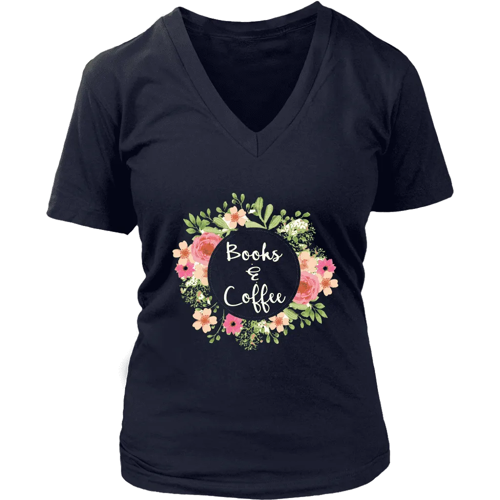 "Books & Coffee" V-neck Tshirt