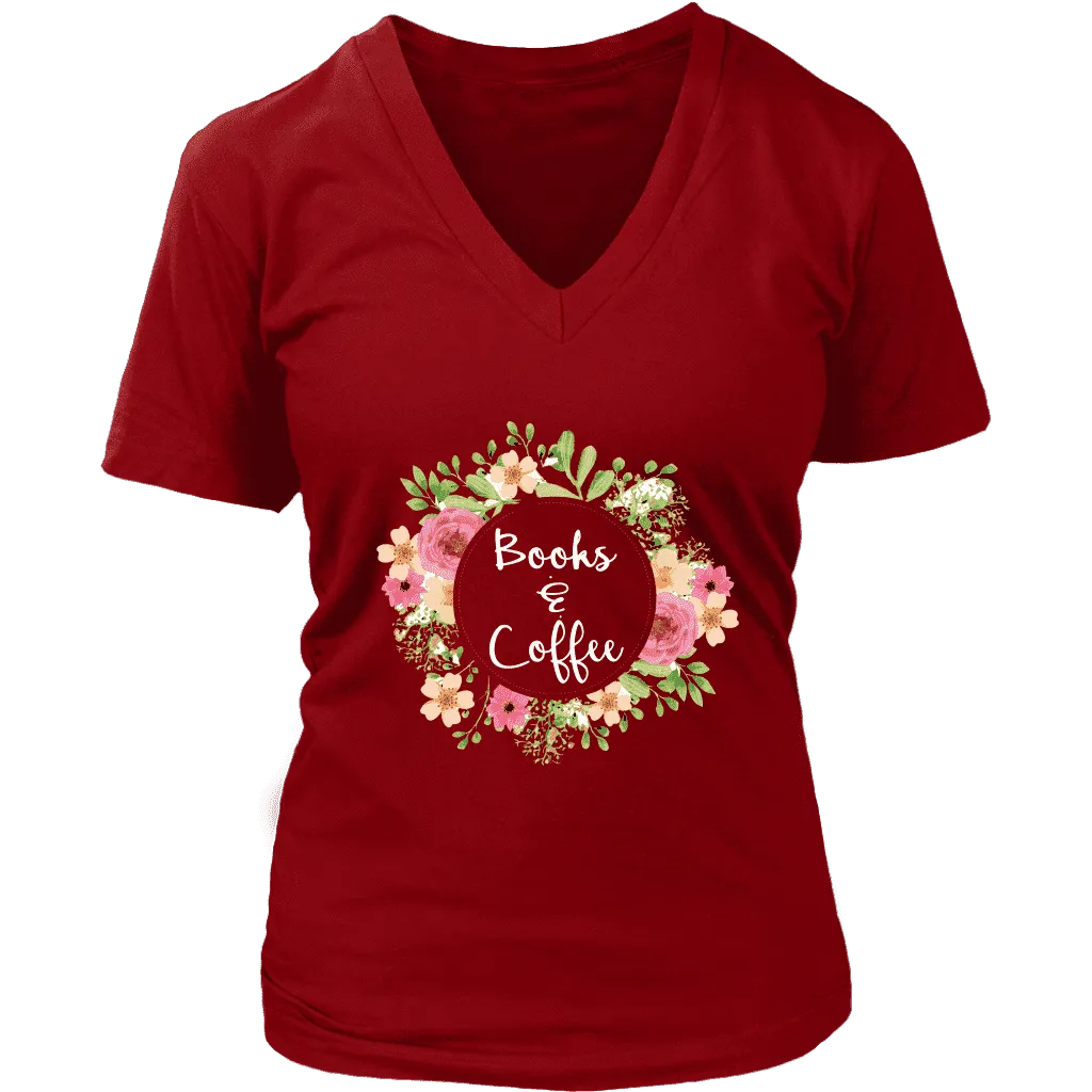 "Books & Coffee" V-neck Tshirt