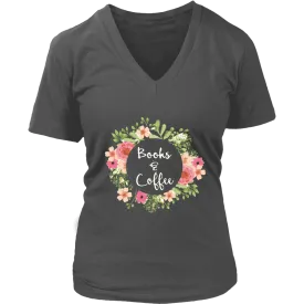 "Books & Coffee" V-neck Tshirt