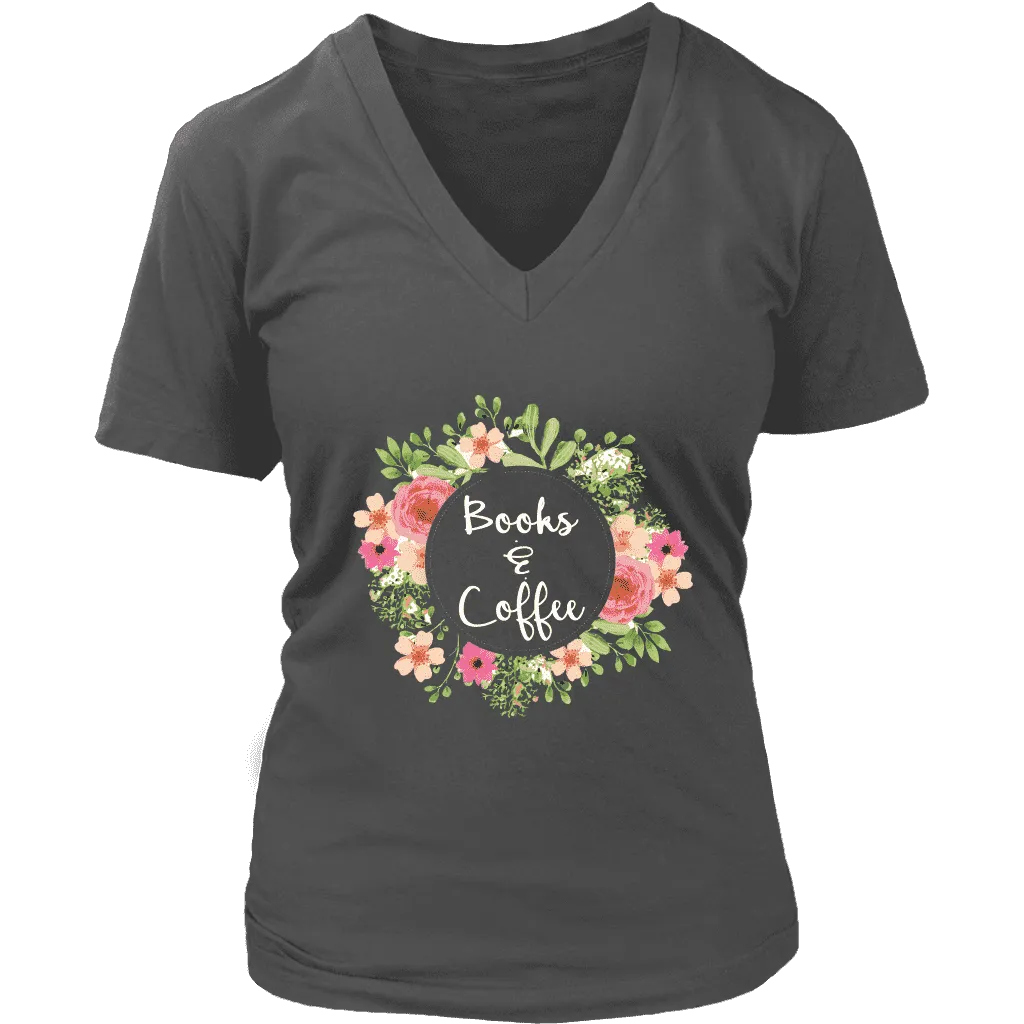 "Books & Coffee" V-neck Tshirt