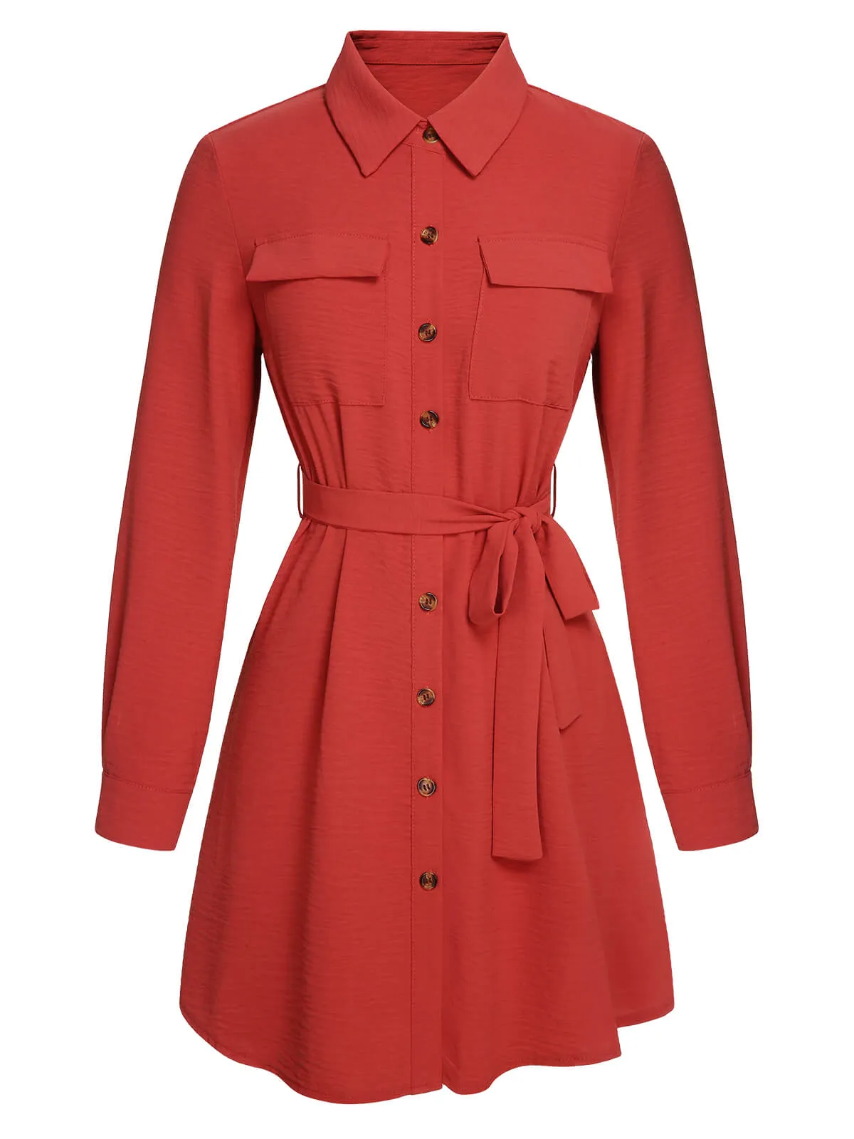 Red 1950s Lapel Long Sleeve Shirt Dress