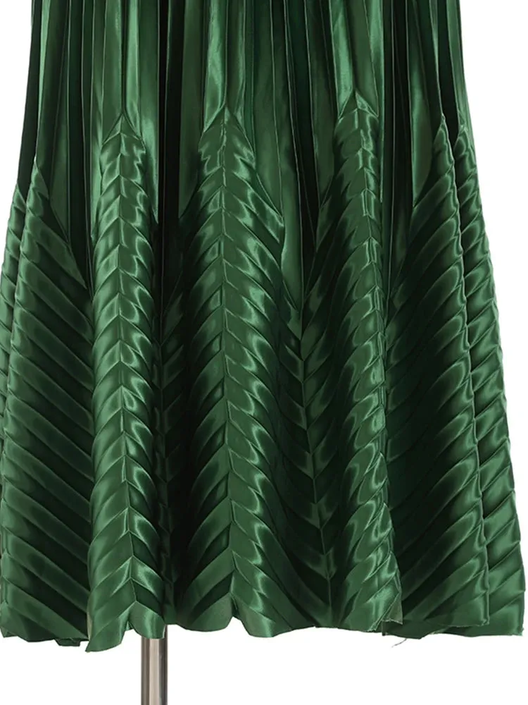 Satin A Line Pleated Skirts For Women High Waist Green Temperament Summer Skirt Female Fashion Clothing