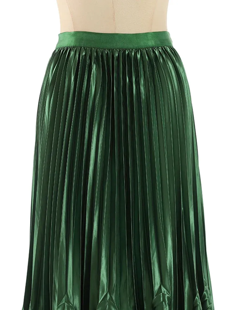 Satin A Line Pleated Skirts For Women High Waist Green Temperament Summer Skirt Female Fashion Clothing