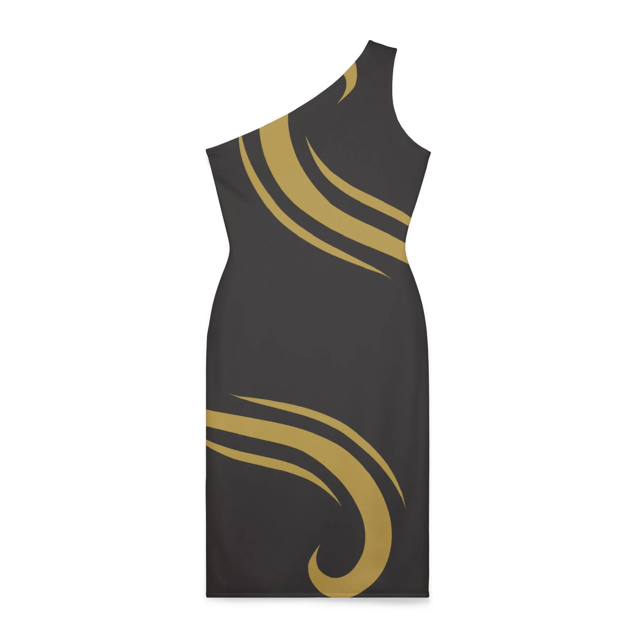 Shoulder Dress - Elegant Black with Minimalistic Golden Swirls for New Year's Eve Party and Special Occasions