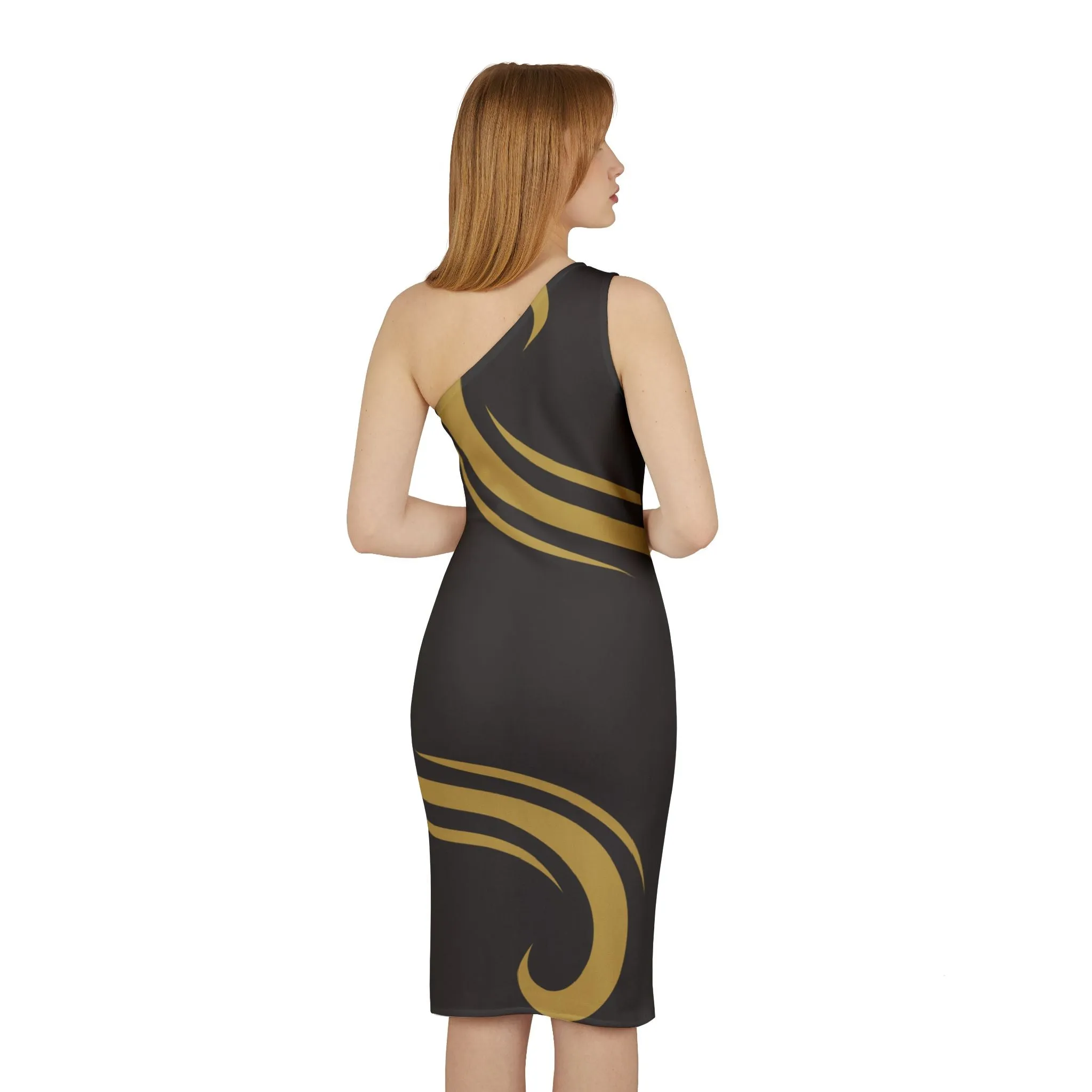 Shoulder Dress - Elegant Black with Minimalistic Golden Swirls for New Year's Eve Party and Special Occasions