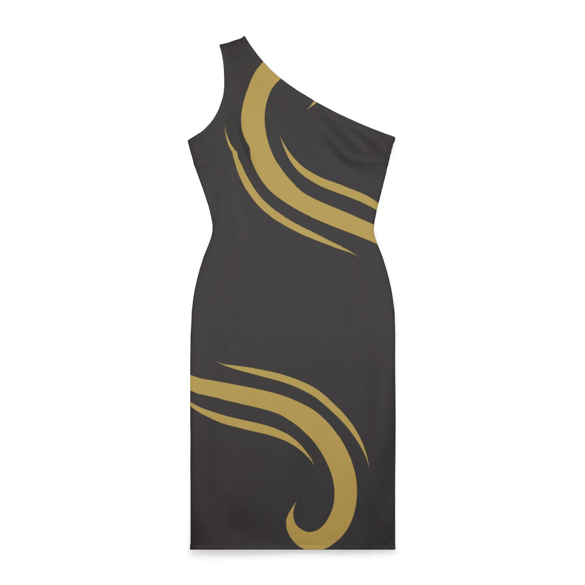 Shoulder Dress - Elegant Black with Minimalistic Golden Swirls for New Year's Eve Party and Special Occasions