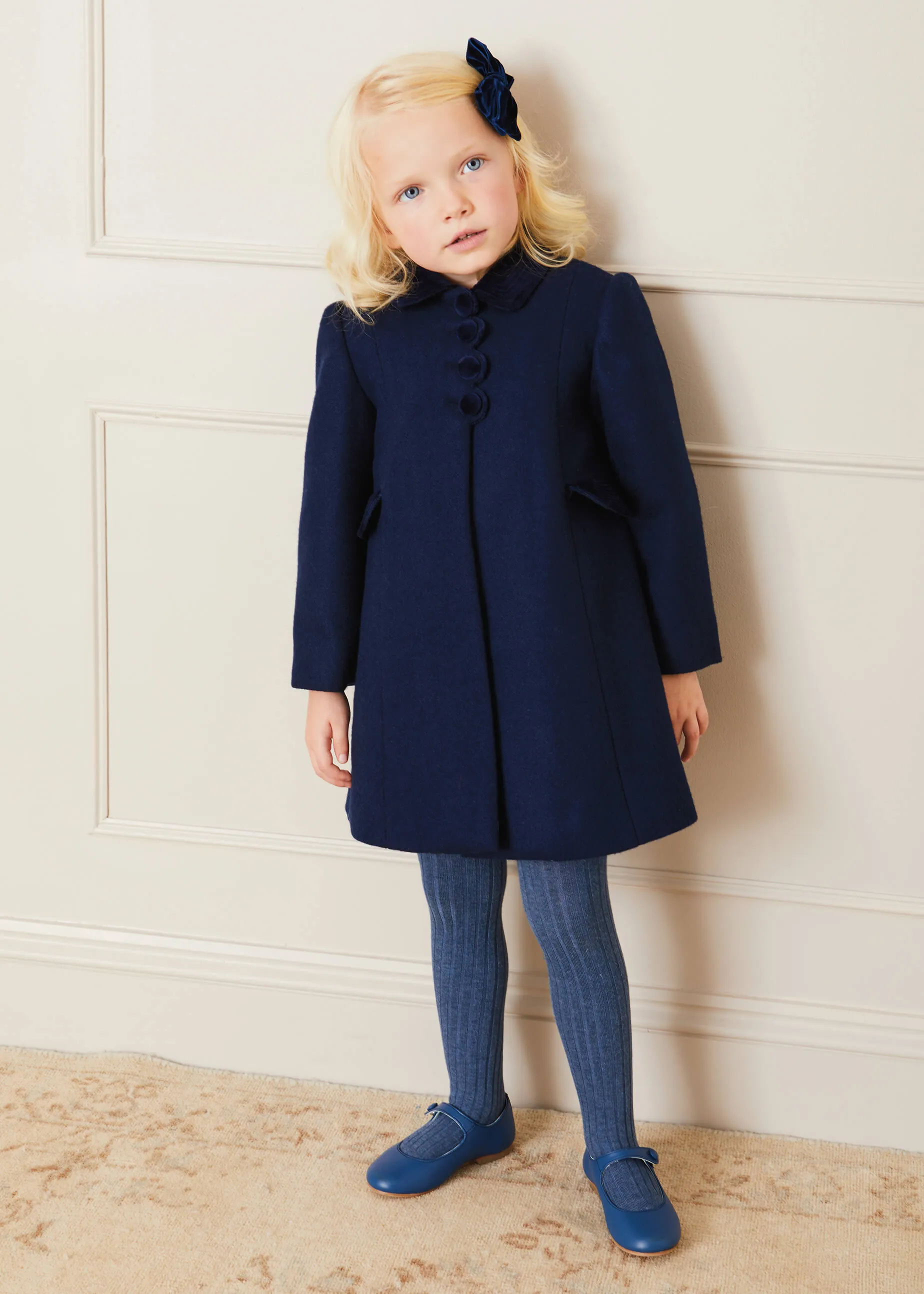 Single Breasted Scallop Detail Coat In Navy (12mths-10yrs)