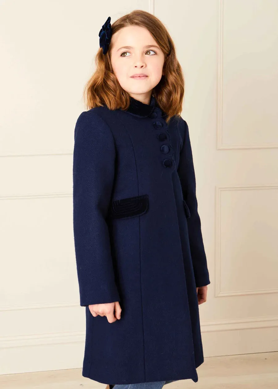 Single Breasted Scallop Detail Coat In Navy (12mths-10yrs)