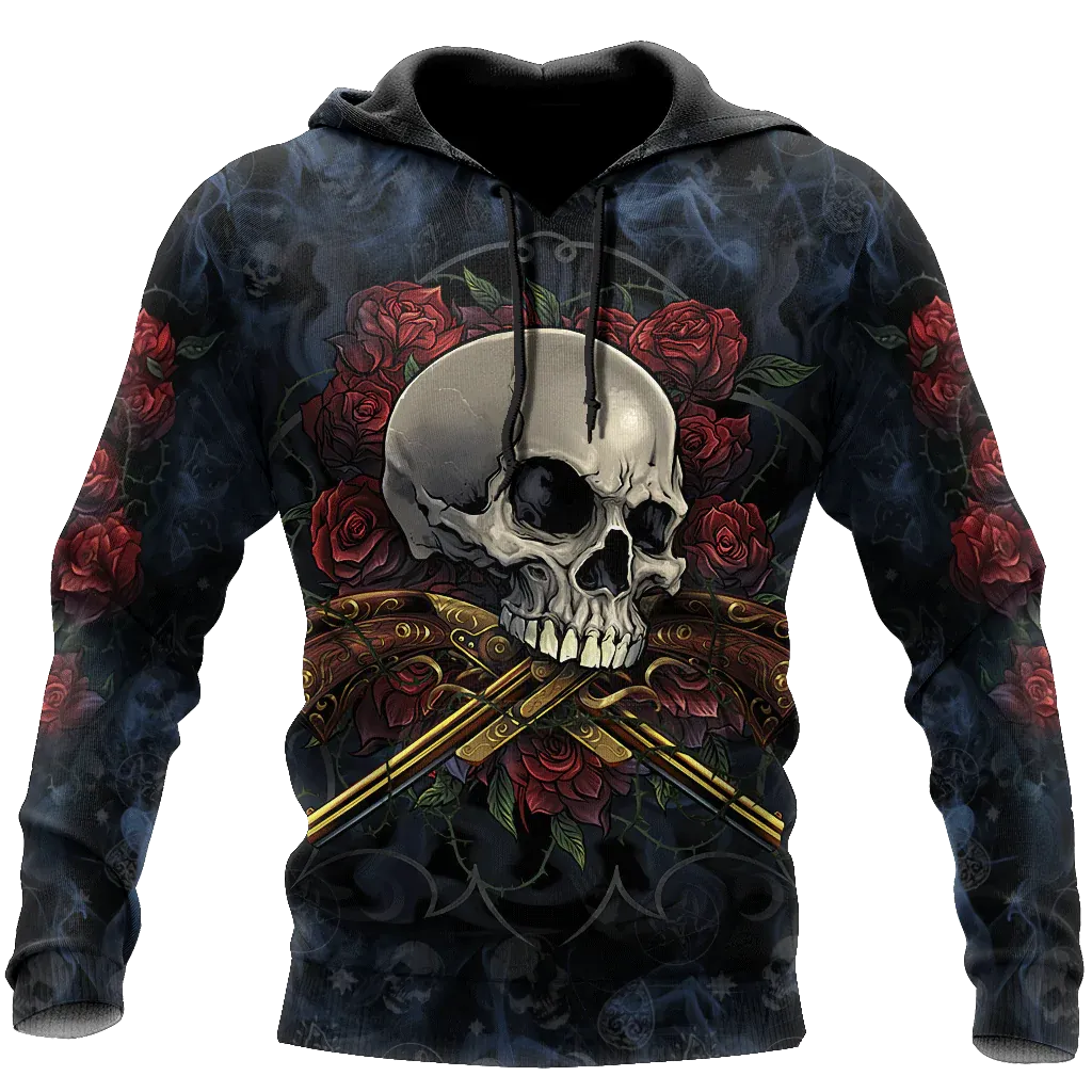 Skull Rose And Bang 3D All Over Printed Hoodie, Winter Skull Clothing, Skull Smoke Hoodie For Dad