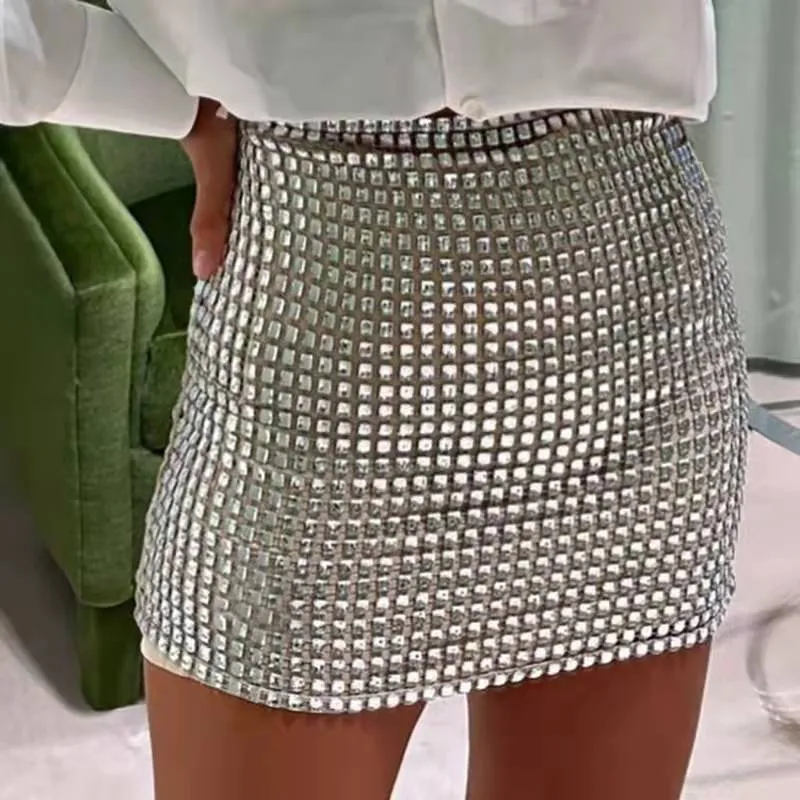 Spring Sexy Women Wear Solid Color Slim Mesh Sequined Hip Bag Skirt Women