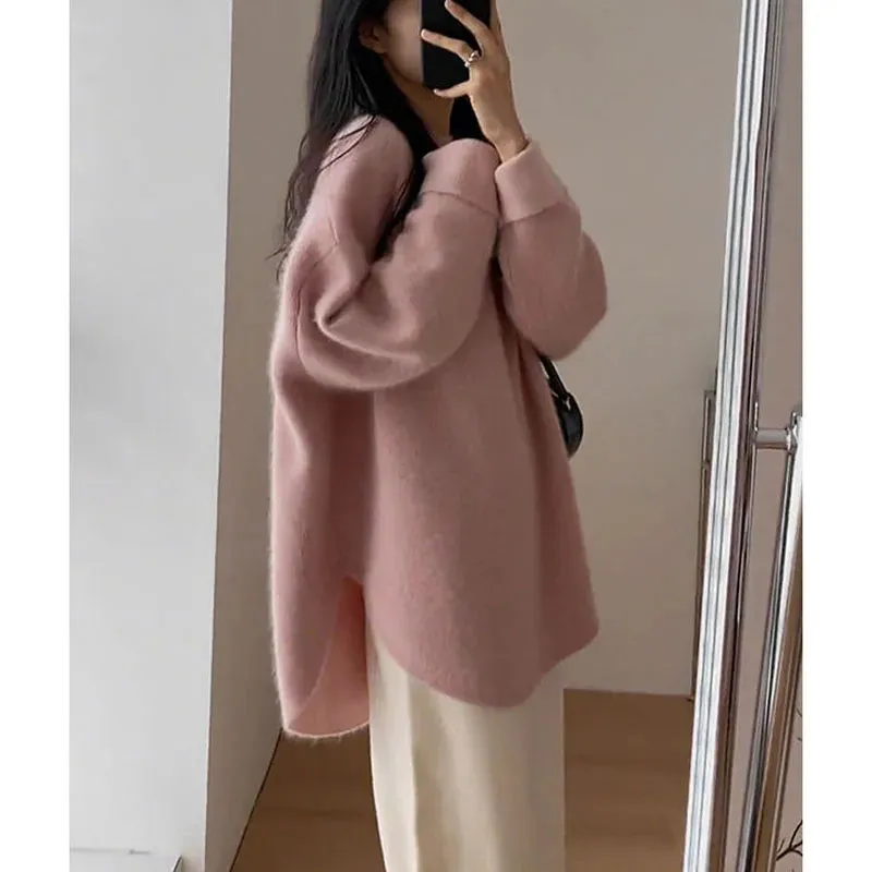 Spring Women New Korean Sweater Loose Knitting Warm Round Neck Falling Shoulder Sleeves Long Sleeved Solid Color All-match Tops