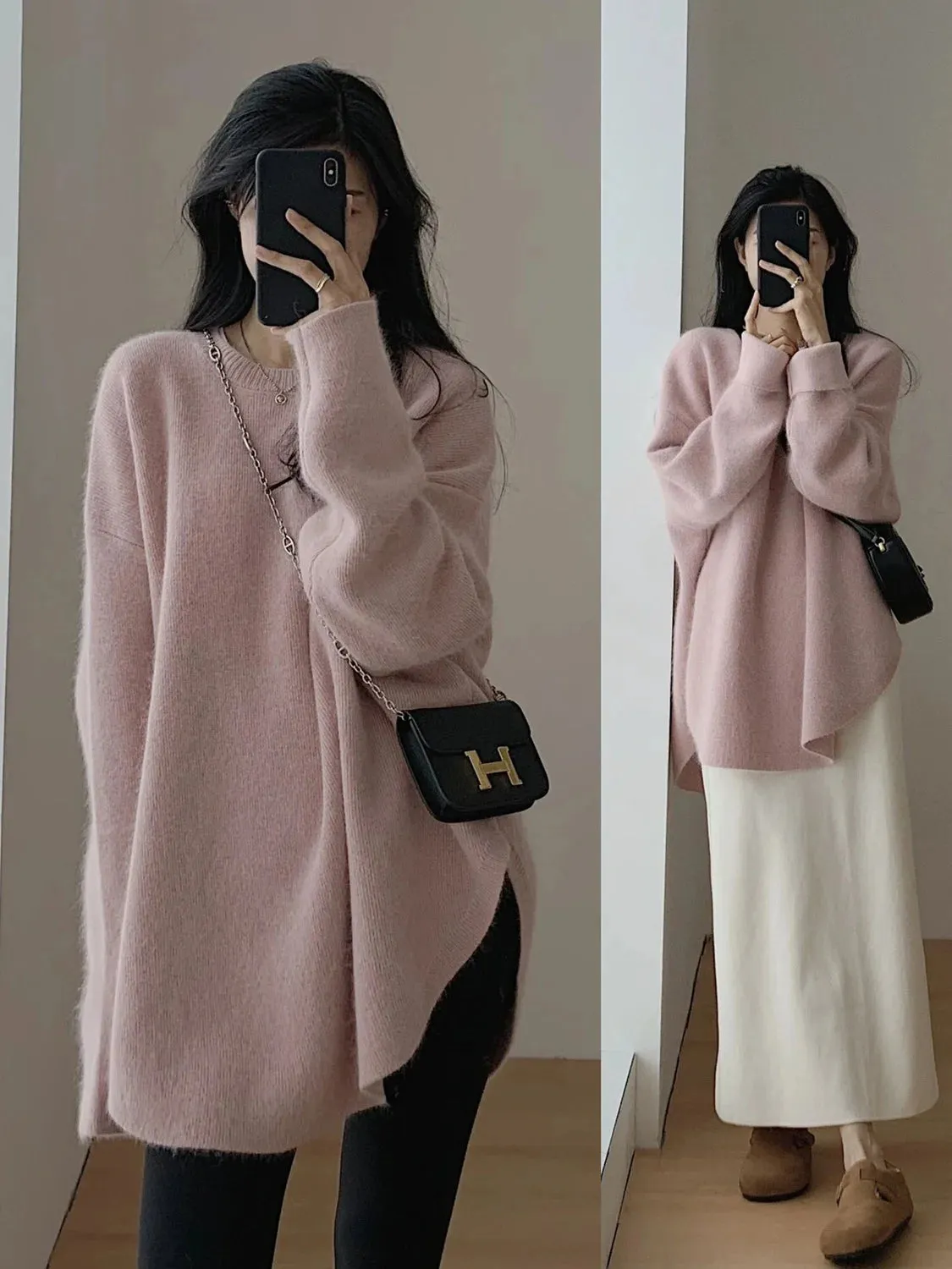 Spring Women New Korean Sweater Loose Knitting Warm Round Neck Falling Shoulder Sleeves Long Sleeved Solid Color All-match Tops