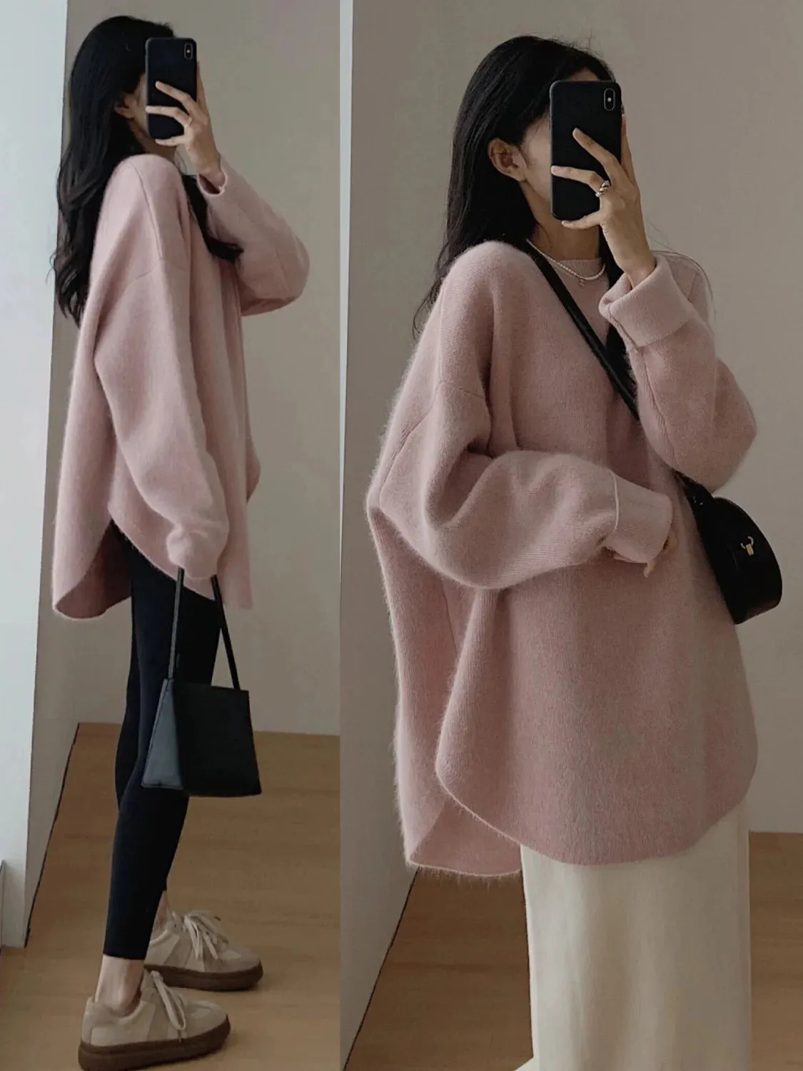 Spring Women New Korean Sweater Loose Knitting Warm Round Neck Falling Shoulder Sleeves Long Sleeved Solid Color All-match Tops