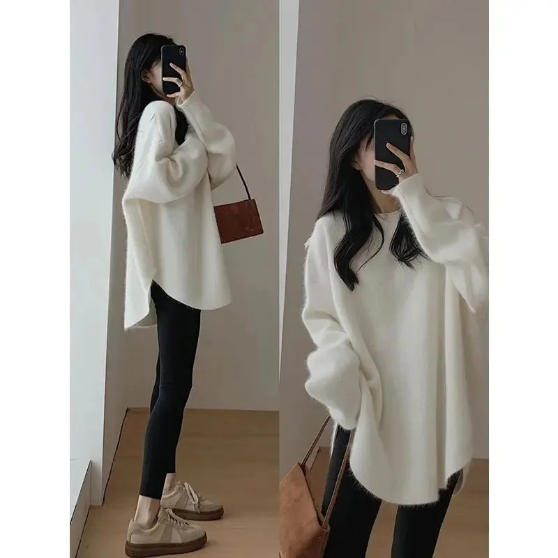 Spring Women New Korean Sweater Loose Knitting Warm Round Neck Falling Shoulder Sleeves Long Sleeved Solid Color All-match Tops