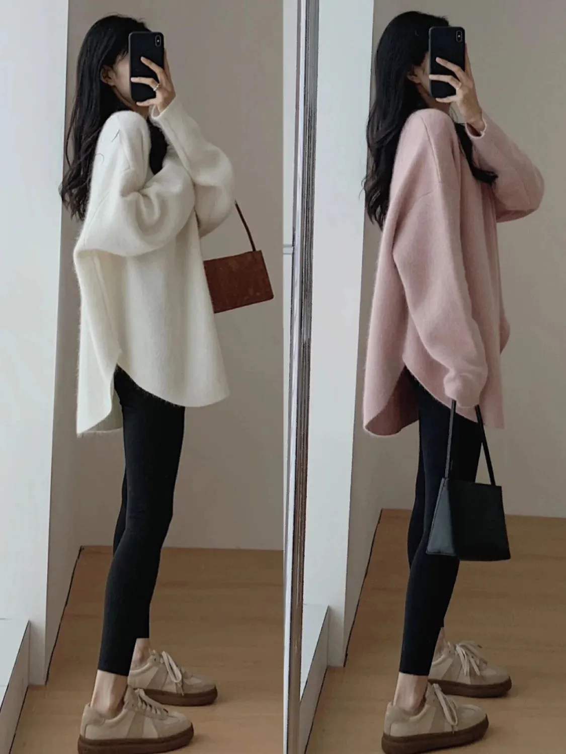 Spring Women New Korean Sweater Loose Knitting Warm Round Neck Falling Shoulder Sleeves Long Sleeved Solid Color All-match Tops