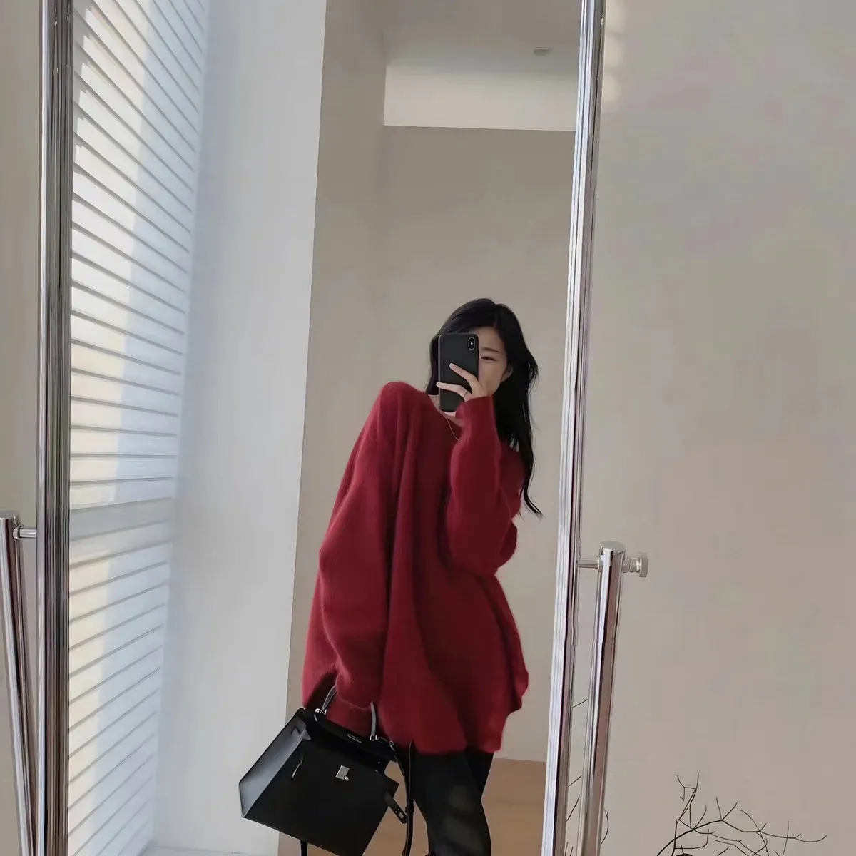 Spring Women New Korean Sweater Loose Knitting Warm Round Neck Falling Shoulder Sleeves Long Sleeved Solid Color All-match Tops