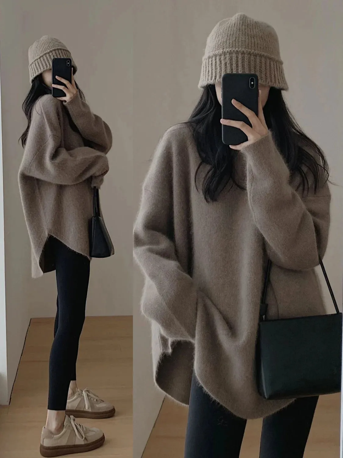 Spring Women New Korean Sweater Loose Knitting Warm Round Neck Falling Shoulder Sleeves Long Sleeved Solid Color All-match Tops