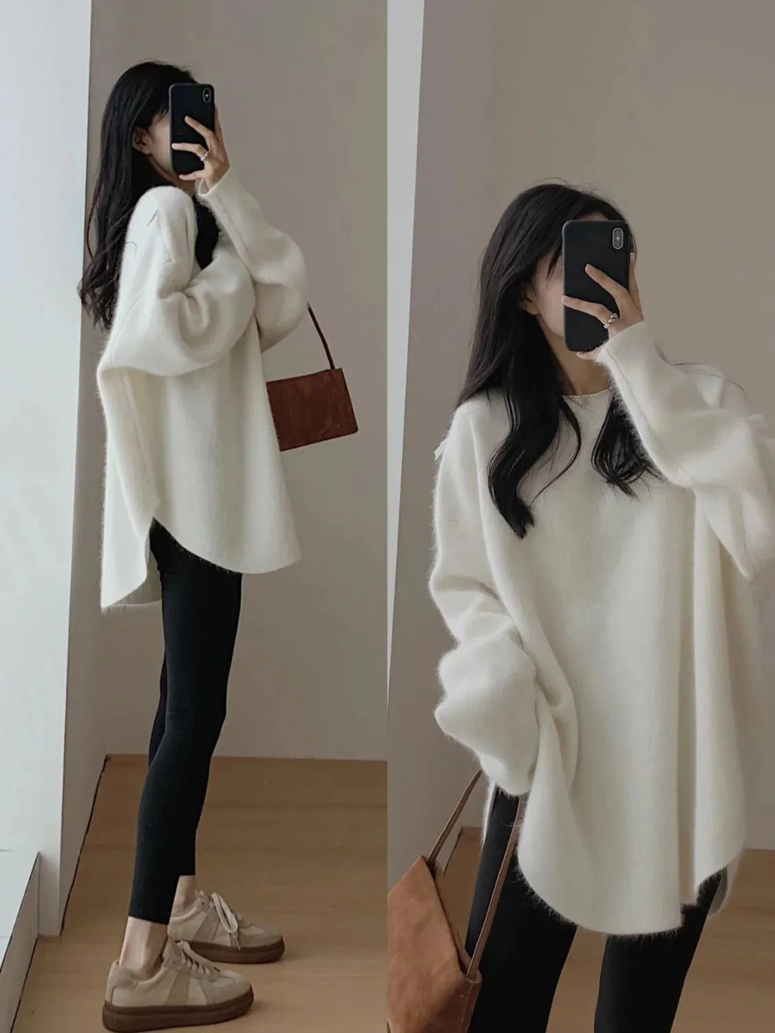 Spring Women New Korean Sweater Loose Knitting Warm Round Neck Falling Shoulder Sleeves Long Sleeved Solid Color All-match Tops