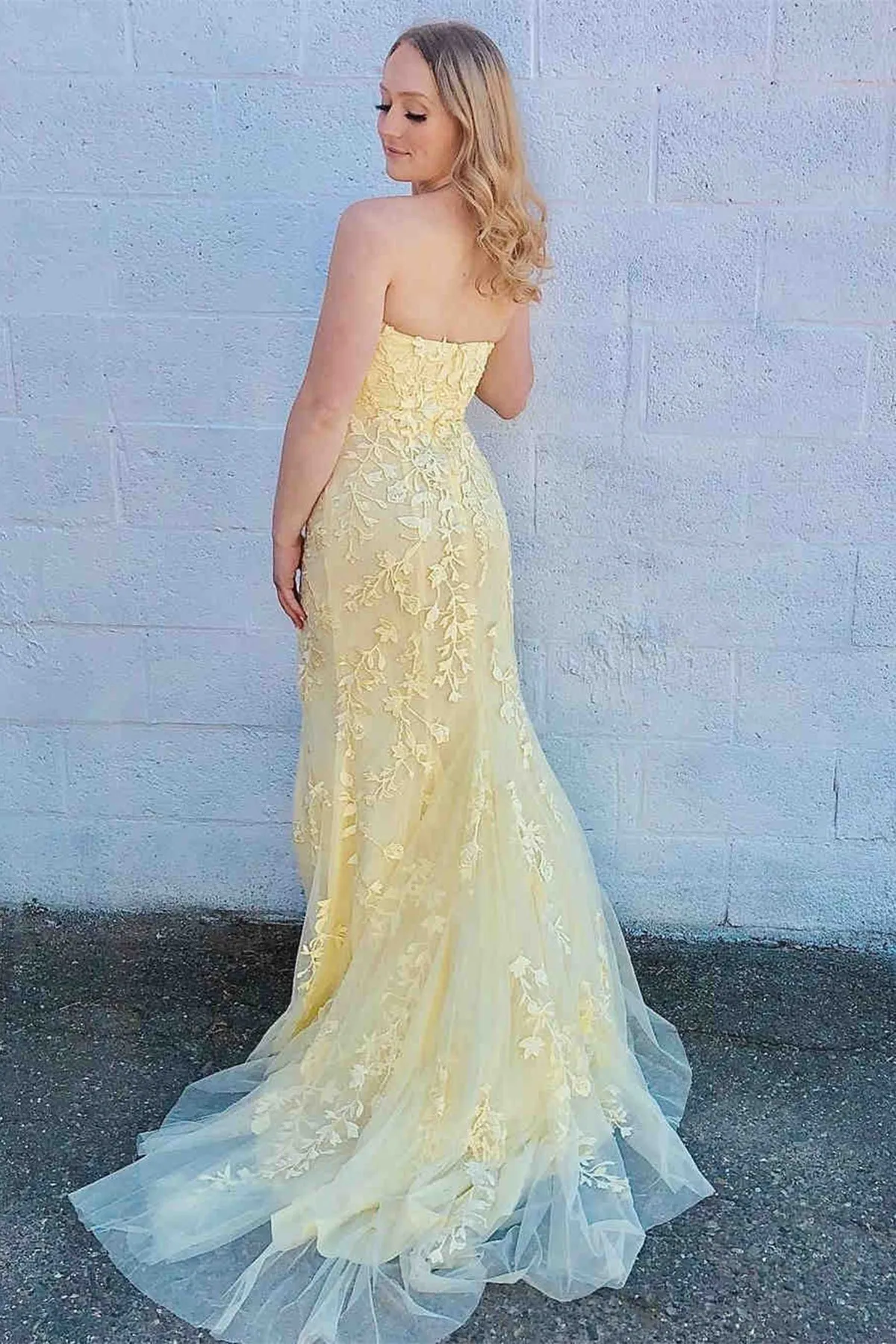 Strapless Open Back Yellow Tulle Lace Long Prom Dresses, Yellow Lace Formal Graduation Evening Dresses with High Slit