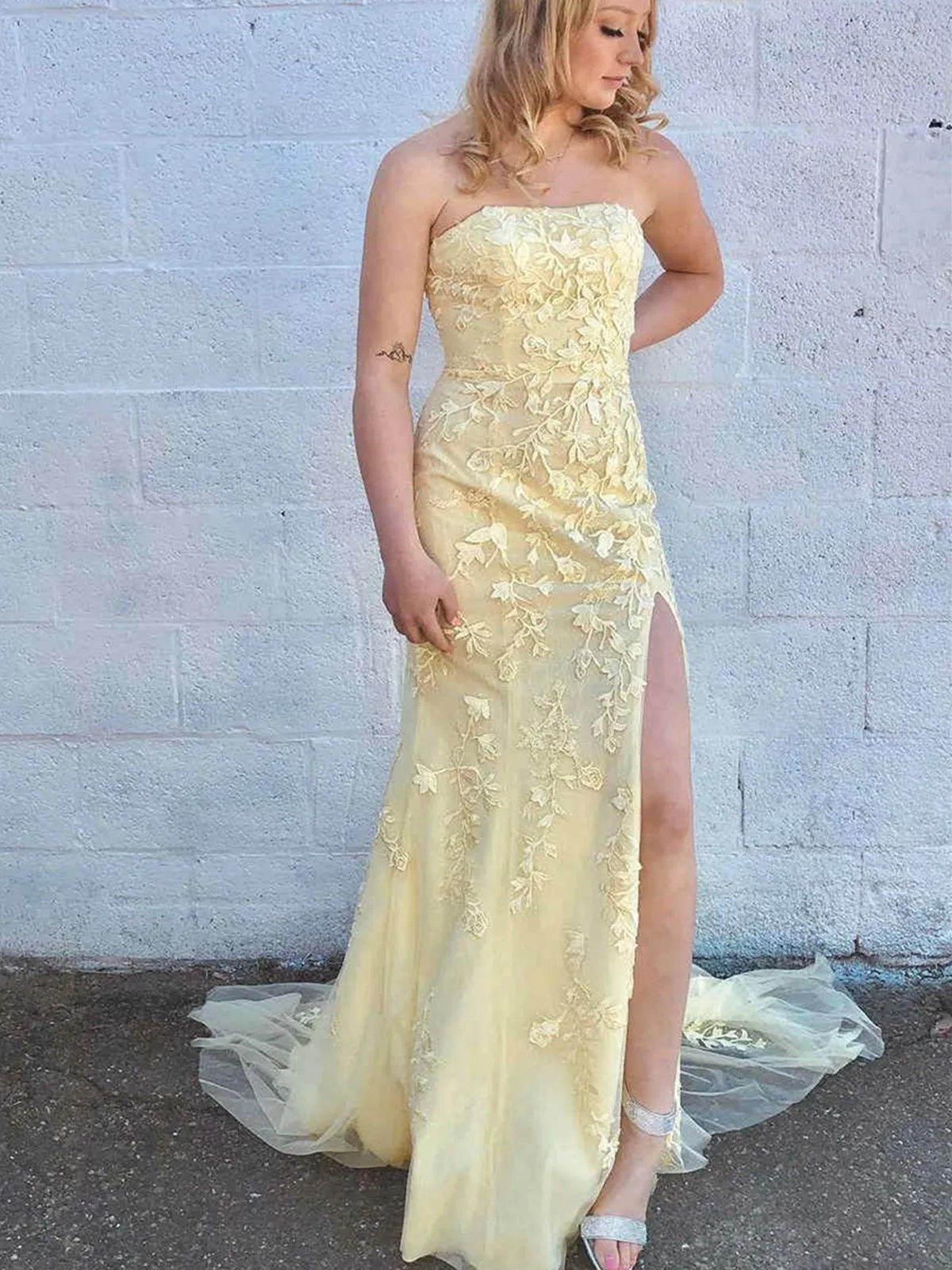 Strapless Open Back Yellow Tulle Lace Long Prom Dresses, Yellow Lace Formal Graduation Evening Dresses with High Slit