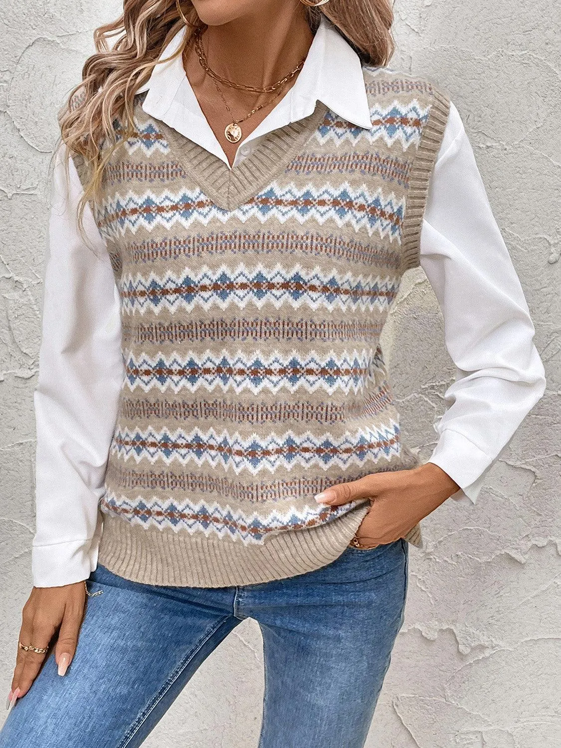 Sweater Vest Fair Isle Perfee V-Neck Sleeveless Knitwear