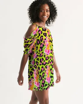 Tropical Animal Print Cold Shoulder Dress